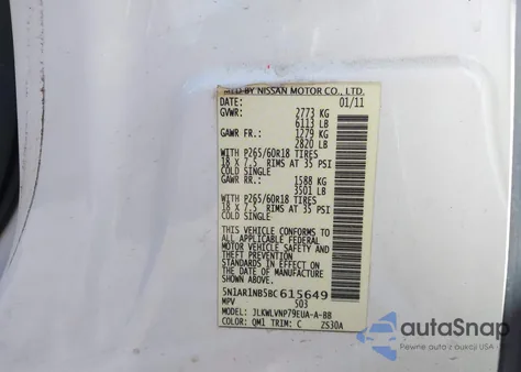 2011 Nissan Pathfinder Le из США, поврежденный, VIN 5N1AR1NB5BC615649